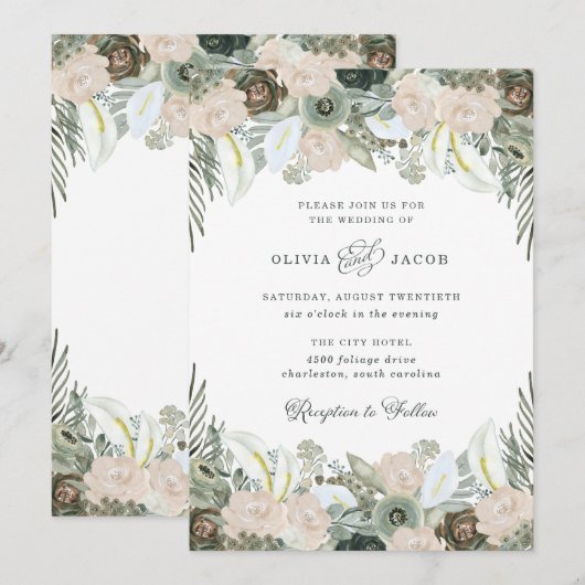 Vloeiing en Floral | Sage Green Wedding Kaart (Voorkant / Achterkant)