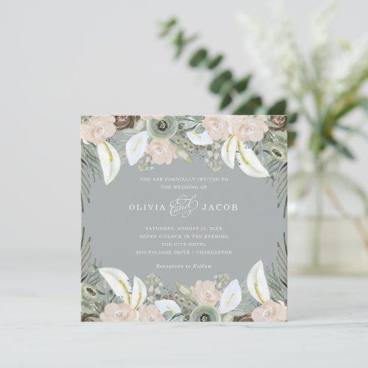 Vloeiing en Floral | Zachte grijze bruiloft Kaart (Staand voorkant)