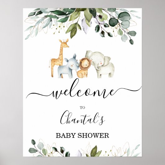 Vloeiing Safari Animals Baby shower Welkomstteken Poster (Voorkant)