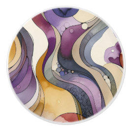 Vloeistoflijnen paarse en gouden abstracte waterve keramische knop