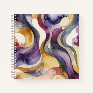 Vloeistoflijnen paarse en gouden abstracte waterve notitieboek