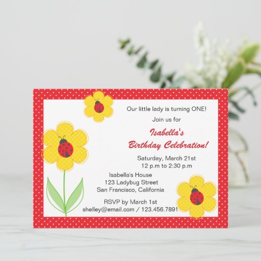 Vloeren en ladybug verjaardagsuitnodigingen kaart (Staand voorkant)