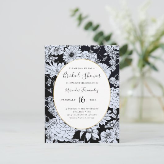 Vloertekening, zwarte en witte bloemen briefkaart (Staand voorkant)