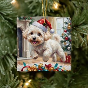 Vlokkige Bichon Frise Hond Vrolijke Kerstmis Keramisch Ornament