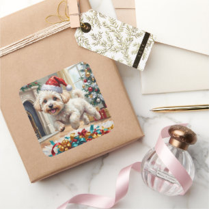 Vlokkige Bichon Frise Hond Vrolijke Kerstmis Vierkante Sticker