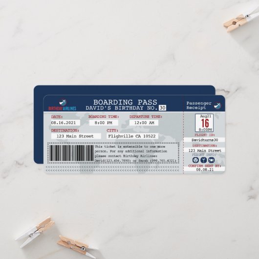 Vluchtaanboarding pass Birthday Invite Kaart (Voorkant / Achterkant in situ)