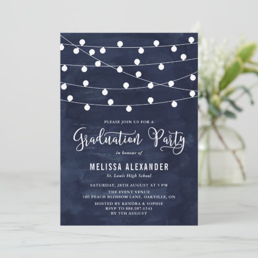 Vluchty String Lights Graduation Party Uitnodiging (Staand voorkant)
