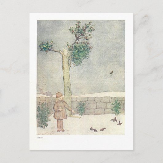 Voeden van de Vogels in Januari Illustratie Briefkaart (Voorkant)