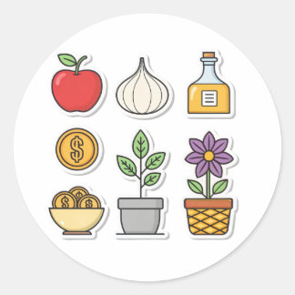 Voeding, Planten en rijkdom - Vector Icon Pack. Ronde Sticker