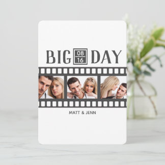 Voeg 3 foto's Fun Film Wedding Invitation toe Kaart