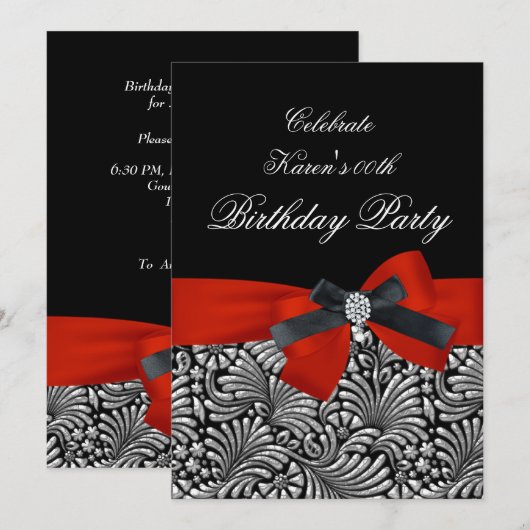 Voeg Age Birthday Party Red Damask Black toe Kaart (Voorkant / Achterkant)