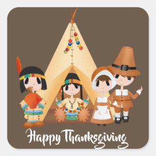Voeg bericht Thanksgiving Pilgrim Indians toe Vierkante Sticker