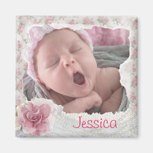 Voeg de foto van uw baby toe,  Pink Lacy Magnet Magneet