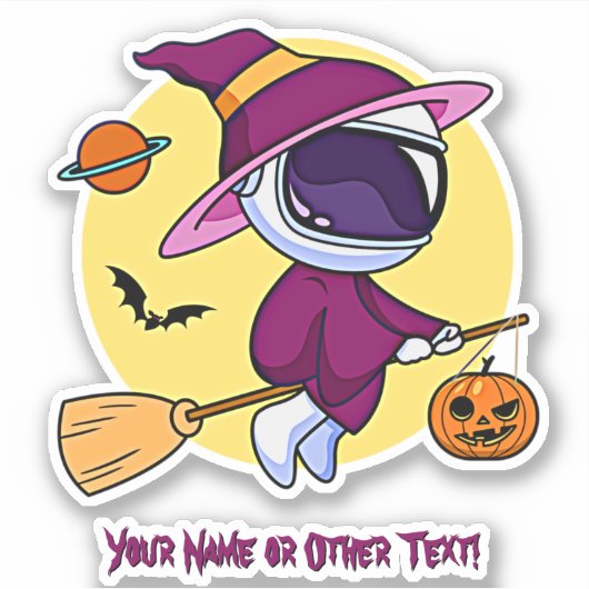 Voeg de naam Cute Astronaut Witch Broom Saturn Pum Sticker (Voorkant)