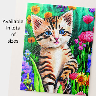 Voeg de Tekst van de Naam, Cat Kitten met Bloemen Legpuzzel