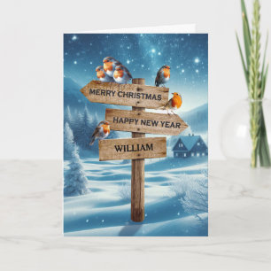 Voeg een naam kerst Robins op een wegwijzer Feestdagen Kaart