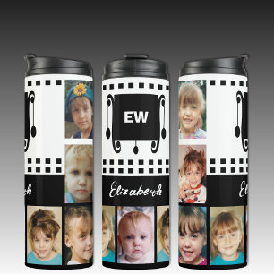 Voeg een naam toe initialen fotocollage wit zwart thermosbeker
