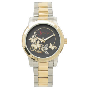 Voeg een naamhorloge toe met gouden vlinders en bl horloge