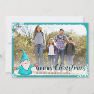 Voeg familiefoto toe Blauwgroen Blue Gnome Christm Feestdagenkaart