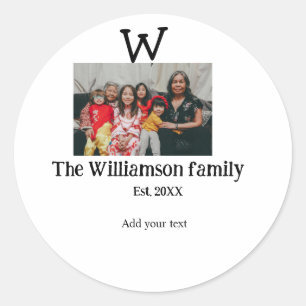 Voeg familienaam foto jaar rustieke reünie ronde sticker