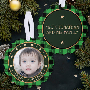 Voeg foto buffelplaid en sterren vrolijk kerstf Ornament Kaart
