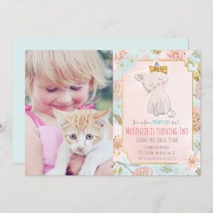 VOEG FOTO TOE - Cute Kitten Floral Birthday Uitnod Kaart