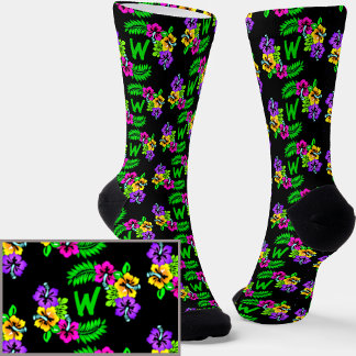Voeg Initiaal toe, Hibiscus Tropical Flowers op Bl Sokken