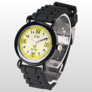 Voeg initialen hartjes geel kind toe horloge