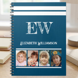 Voeg initialen naam 4 foto's blauw wit toe notitieboek