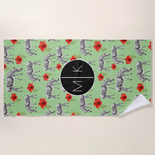 Voeg je Monogram toe | Zebras tussen Hibiscus Flow Strandlaken (Voorkant)