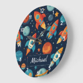 Voeg Jouw naam Cool Rocket Ship Space and Planets  Grote Klok (Hoek)