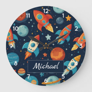 Voeg Jouw naam Cool Rocket Ship Space and Planets  Grote Klok