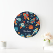 Voeg Jouw naam Cool Rocket Ship Space and Planets  Grote Klok (Huis)