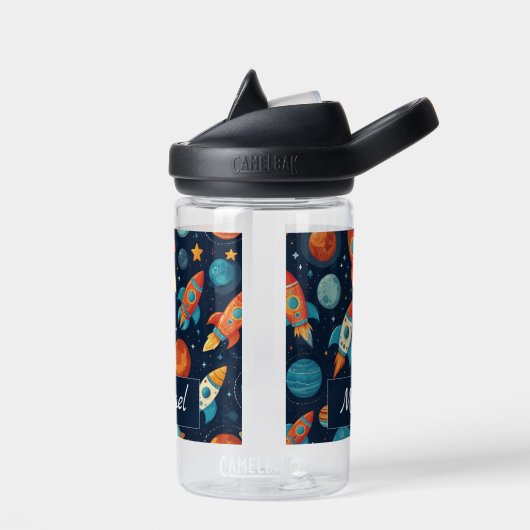 Voeg Jouw naam Cool Rocket Ship Space and Planets  Waterfles (Links)