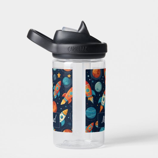 Voeg Jouw naam Cool Rocket Ship Space and Planets  Waterfles (Rechts)