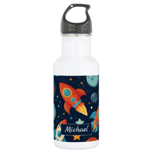 Voeg Jouw naam Cool Rocket Ship Space and Planets Waterfles