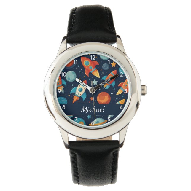 Voeg Jouw naam Cool Rocket Space en Planets toe Horloge (Voorkant)