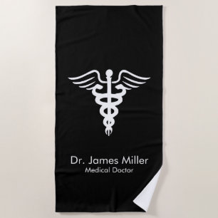 Voeg Jouw naam Medical Caduceus Symbol Zwart toe Strandlaken