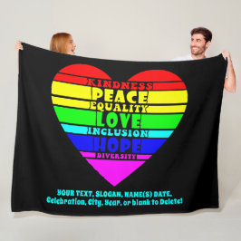 Voeg Jouw tekst toe, Rainbow Heart Peace Equality  Fleece Deken