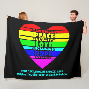 Voeg Jouw tekst toe, Rainbow Heart Peace Equality Fleece Deken
