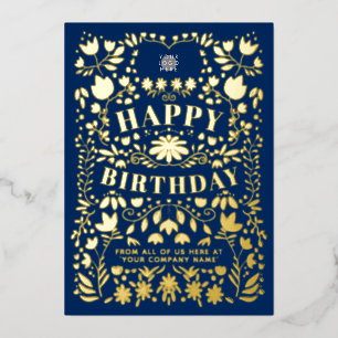 Voeg Logo Folk Flowers Business Navy Gold Foil Kaa Folie Uitnodiging