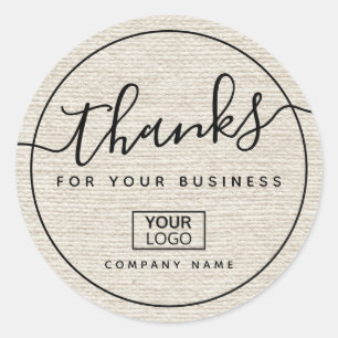 Voeg logo lichtbruin linnen toe, bedankt ronde sticker