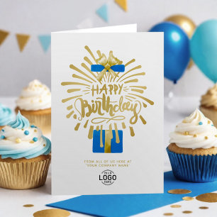 Voeg Logo Navy Blue Gold Fireworks Group Birthday  Kaart
