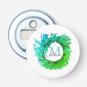 Voeg monogram roze groene kerstkrans toe button flesopener