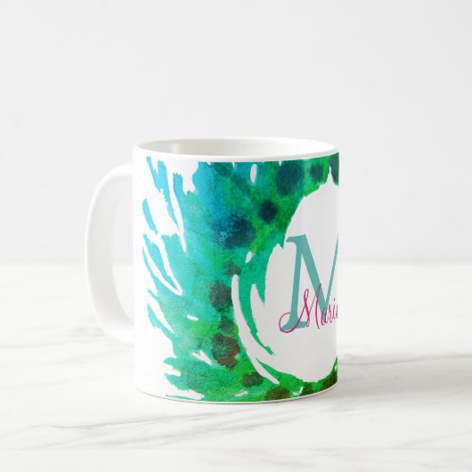 Voeg monogram roze groene kerstkrans toe koffiemok (Voorkant links)