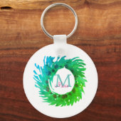 Voeg monogram roze groene kerstkrans toe sleutelhanger (Voorkant)