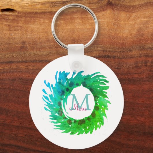 Voeg monogram roze groene kerstkrans toe sleutelhanger (Voorkant)