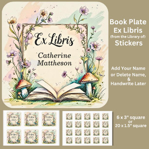 Voeg Naam Ex Libris Waterverf Cottagecore toe Vierkante Sticker