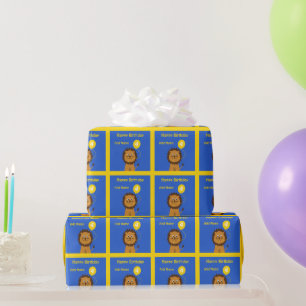 Voeg naam leeuw op 4e verjaardag toe blauw geel cadeaupapier