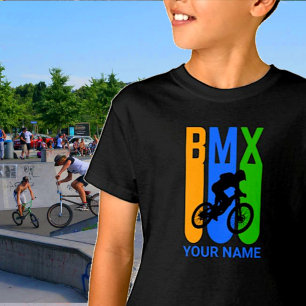 Voeg Naam of Tekst BMX Bike Rider Oranje Blue Gree T-shirt